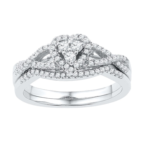 10kt White Gold Womens Round Diamond Heart Bridal Wedding Engagement Ring Band Set 3/8 Cttw 97298 - shirin-diamonds