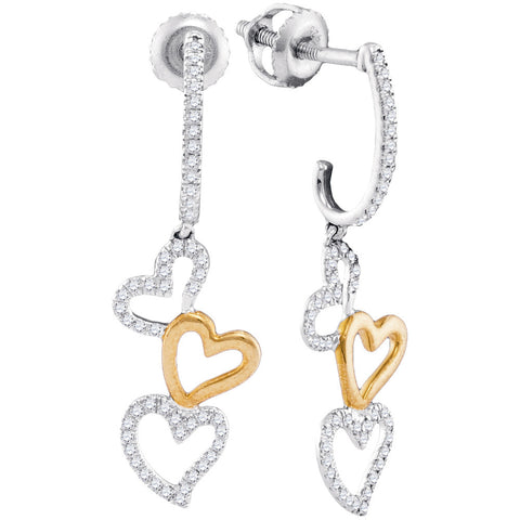 10kt Two-tone White Gold Womens Round Diamond Dangling Triple Heart Earrings 1/4 Cttw 97832 - shirin-diamonds
