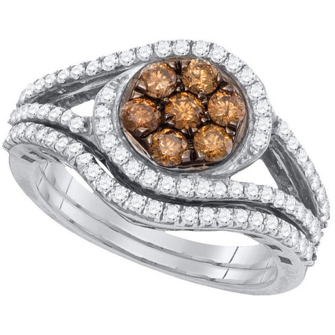 10kt White Gold Womens Round Cognac-brown Colored Diamond Cluster Bridal Wedding Engagement Ring Band Set 1.00 Cttw 98204 - shirin-diamonds