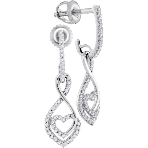 10kt White Gold Womens Round Diamond Heart Dangle Screwback Earrings 1/4 Cttw 98348 - shirin-diamonds