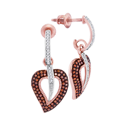 10kt Rose Gold Womens Round Red Colored Diamond Heart Dangle Screwback Earrings 3/8 Cttw 98462 - shirin-diamonds