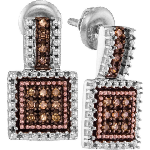 Sterling Silver Womens Round Cognac-brown Colored Diamond Square Cluster Earrings 1/5 Cttw 99226 - shirin-diamonds