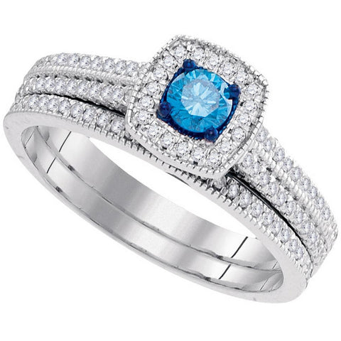 10kt White Gold Womens Round Blue Colored Diamond Bridal Wedding Engagement Ring Band Set 1/2 Cttw 99500 - shirin-diamonds