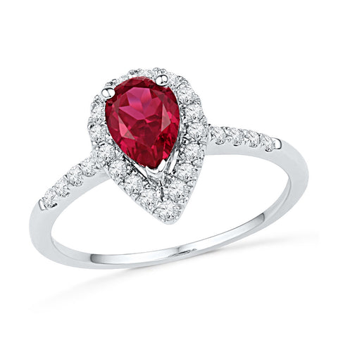 10kt White Gold Womens Pear Lab-Created Ruby Solitaire Diamond Frame  Ring 1-1/5 Cttw 99804 - shirin-diamonds