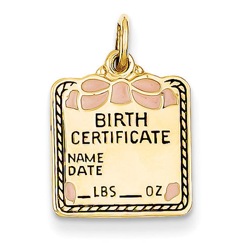 14k Enameled Pink Engravable Birth Certificate Charm A0363/P - shirin-diamonds