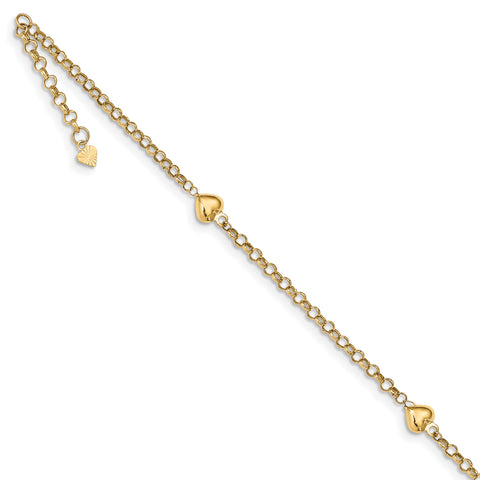 14k Puff Heart 9in with 1in ext Anklet ANK220 - shirin-diamonds