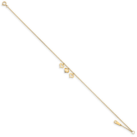 14k 3 Hearts w/1 inch Extension Anklet ANK233 - shirin-diamonds
