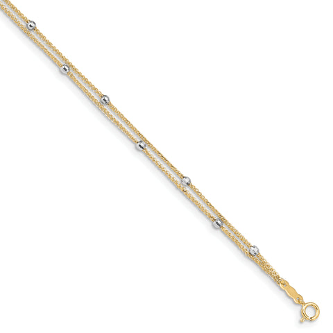 14K Two-tone 2 Stand Spiga Mirror Beads W/ 1in Ext Anklet ANK241 - shirin-diamonds
