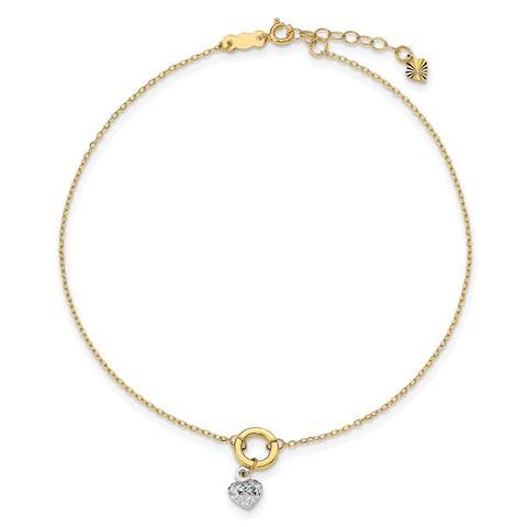 14K Gold Two-tone Circle/Diamond Cut Puff Heart w/ 1in Ext Anklet ANK243 - shirin-diamonds