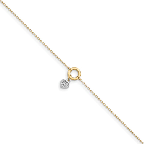 14K Gold Two-tone Circle/Diamond Cut Puff Heart w/ 1in Ext Anklet ANK243 - shirin-diamonds