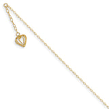 14K Oval Link Chain with D/C Open Heart Cage w/1in Ext Anklet ANK244 - shirin-diamonds