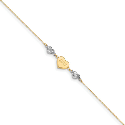 14K Two-tone D/C Puffed Heart LOVE w/ 1in Ext Anklet ANK253 - shirin-diamonds