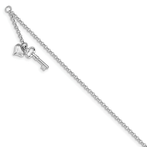 14k White Gold Adjustable Polished Puffed Heart & Key Anklet ANK45 - shirin-diamonds