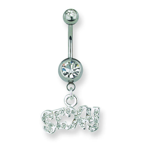 SGSS Curv BB w Bezel Gem & Dangling Pav‚ Word 14G (1.6mm) 13/32 (11mm) BCVGWD102-CL - shirin-diamonds