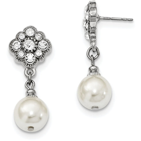 Silver-tone Simulated Pearl & Crystals Post Dangle Earrings BF1270 - shirin-diamonds