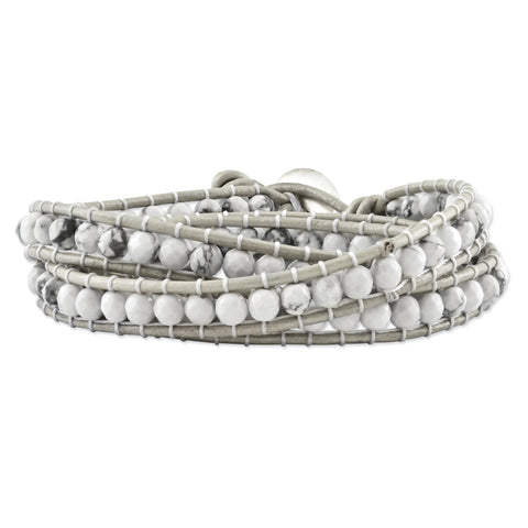 White Howlite Beaded and Leather Multi-wrap Bracelet BF1621 - shirin-diamonds