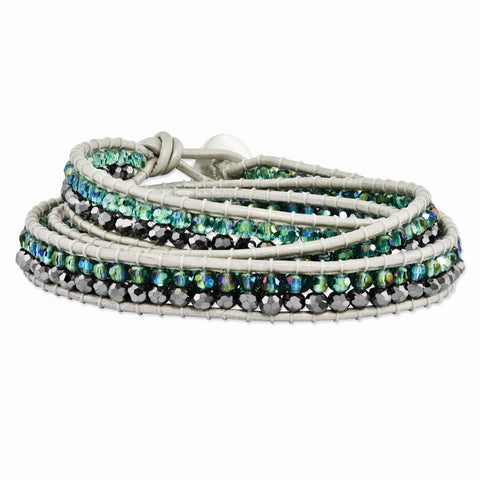Green Aurora Borealis & Grey Crystal Bead Leather Multi-wrap Bracelet BF1625 - shirin-diamonds