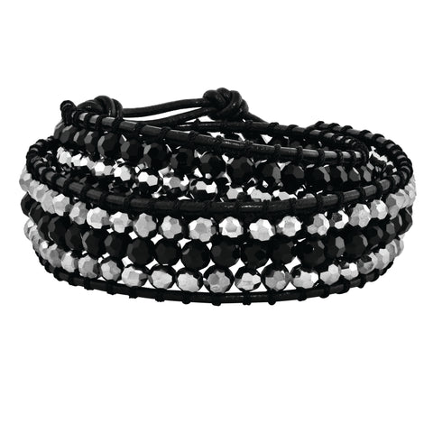 Black Aurora Borealis/Grey Crystal Bead & Leather Multi-wrap Bracelet BF1627 - shirin-diamonds