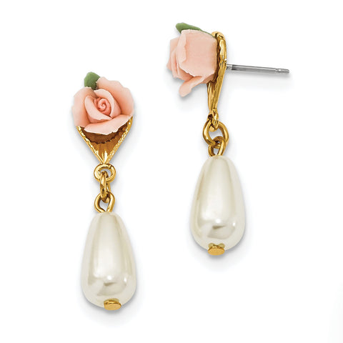 Gold-tone Porcelain Rose/Simulated Pearl Post Dangle Earrings BF169 - shirin-diamonds