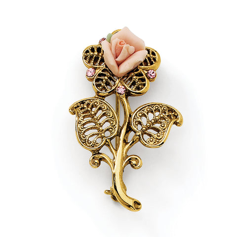 Gold-tone Pink Porcelain Rose/Pink Crystal Pin Brooch - shirin-diamonds