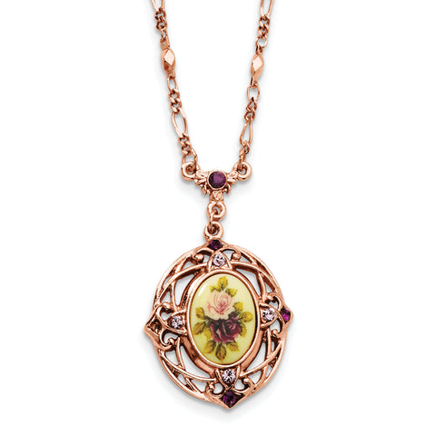 Rose-tone Lt. & Dk. Purple Crystal & Floral Decal 28 Necklace BF182 - shirin-diamonds