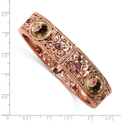 Rose-tone Purple Crystal & Floral Decal Stretch Bracelet BF190 - shirin-diamonds