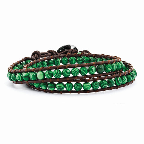 6mm Green Malachite Beads Leather Cord Multi Wrap Bracelet BF2088 - shirin-diamonds