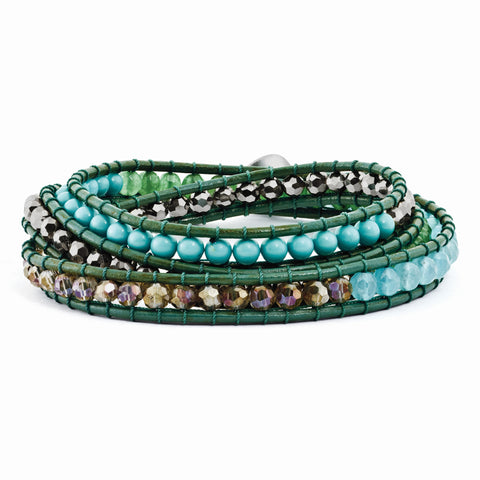 Green Aventurine/Crystal/ReconTurquoise/Leather Multi-wrap Bracelet BF2110 - shirin-diamonds