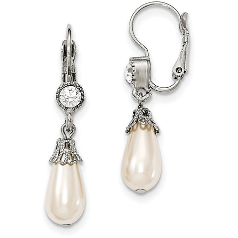 Silver-tone White Crystal Simulated Pearl Pear Leverback Earrings BF2463 - shirin-diamonds