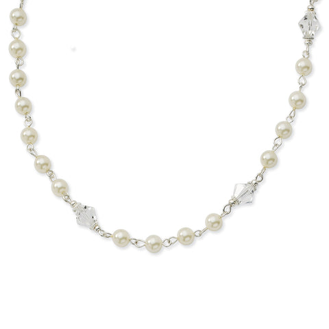 Silver-tone Simulated Pearl & Crystal Beads 15.5in w/ext Necklace BF342 - shirin-diamonds