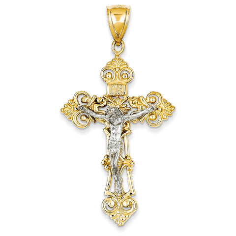 14k Two-tone INRI Fleur De Lis Crucifix Pendant C243 - shirin-diamonds