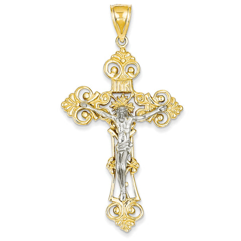 14k Two-tone INRI Fleur De Lis Crucifix Pendant C244 - shirin-diamonds