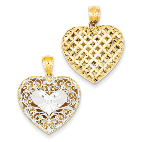 14k Two-tone Filigree & Basket Weave Reversible Heart Pendant C2927 - shirin-diamonds