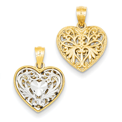 14k Two-tone Reversible Filigree Heart Pendant C2928 - shirin-diamonds