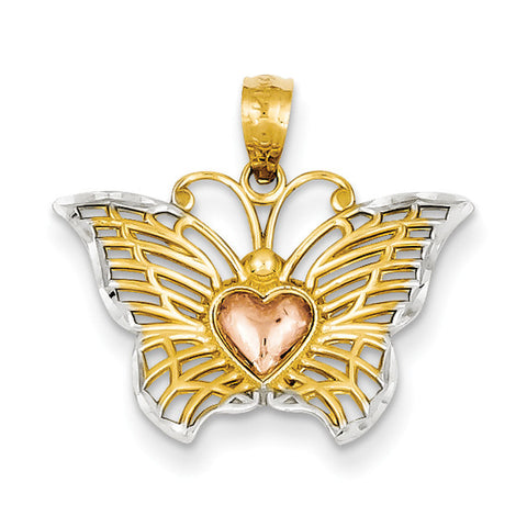 14k Yellow & Rose w/Rhodium Butterfly with Heart Pendant C3486 - shirin-diamonds