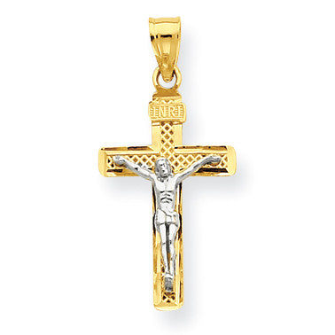 14K Two-tone D/C Small Block Lattice Cross w/Crucifix Pendant C4349 - shirin-diamonds