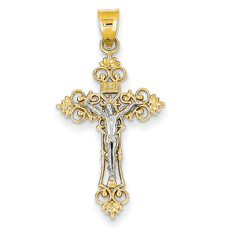 14K Two-tone Medium Lacey-edged INRI Crucifix Pendant C4387 - shirin-diamonds