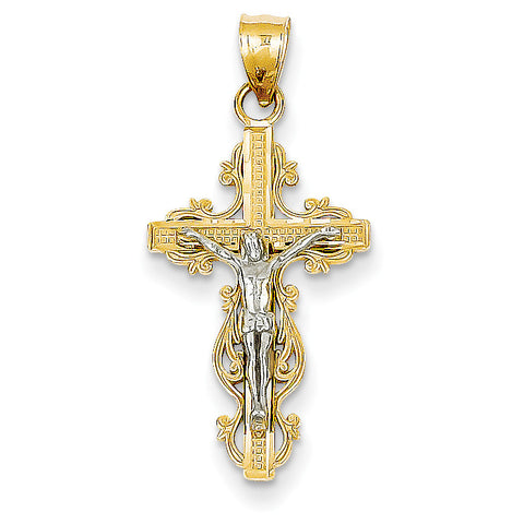 14K Two-tone Small Narrow Cross w/Crucifix Pendant C4395 - shirin-diamonds