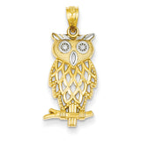 14k Yellow Gold Rhodium Plated Diamond Cut Owl Pendant C4496 - shirin-diamonds