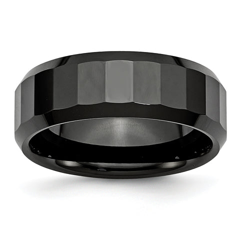 Ceramic Black Faceted Beveled Edge 8mm Polished Band CER15 - shirin-diamonds