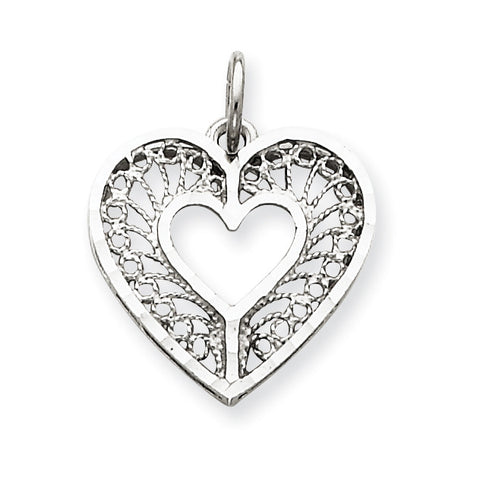 14k White Gold Solid Diamond-cut Fancy Filigree Heart Charm D1060 - shirin-diamonds
