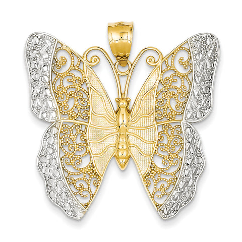 14k & Rhodium Solid Polished Diamond-cut Filigree Butterfly Pendant D1340 - shirin-diamonds