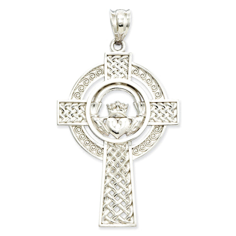 14k White Gold Celtic Claddagh Cross Pendant D1522 - shirin-diamonds