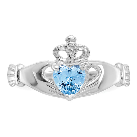14k White Gold CZ March Birthstone Claddagh Heart Ring D1782