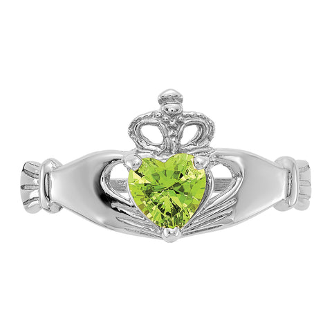 14k White Gold CZ August Birthstone Claddagh Heart Ring D1787
