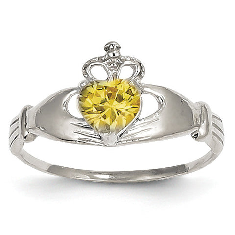 14k White Gold CZ November Birthstone Claddagh Heart Ring D1790 - shirin-diamonds