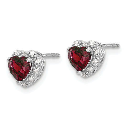 14k White Gold Lab Grown Diamond and Cr Ruby Halo Heart Post Earrings 0.1CTW