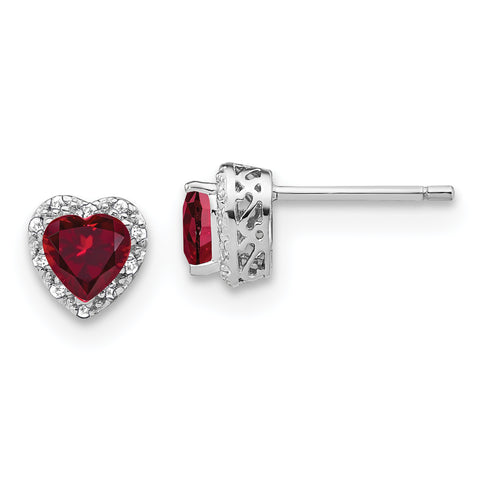 14k White Gold Lab Grown Diamond and Cr Ruby Halo Heart Post Earrings 0.1CTW