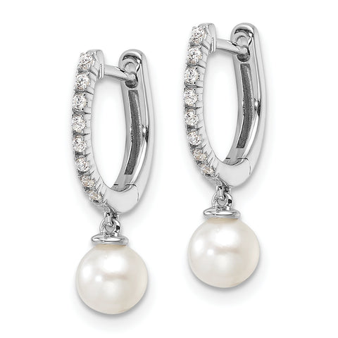 14K White Gold Lab Grown Diamond Drop Pearl Hoop Earrings 0.096CTW
