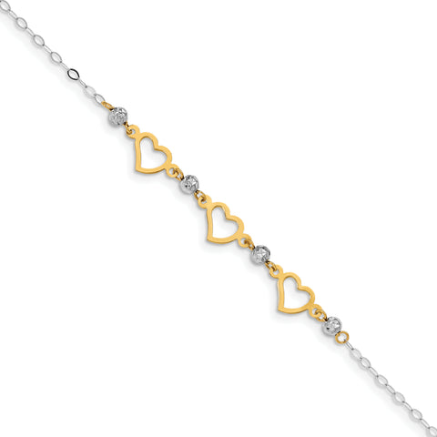 14K Two-tone Oval Link Diamond Cut Beads and Heart Bracelet FB1356 - shirin-diamonds
